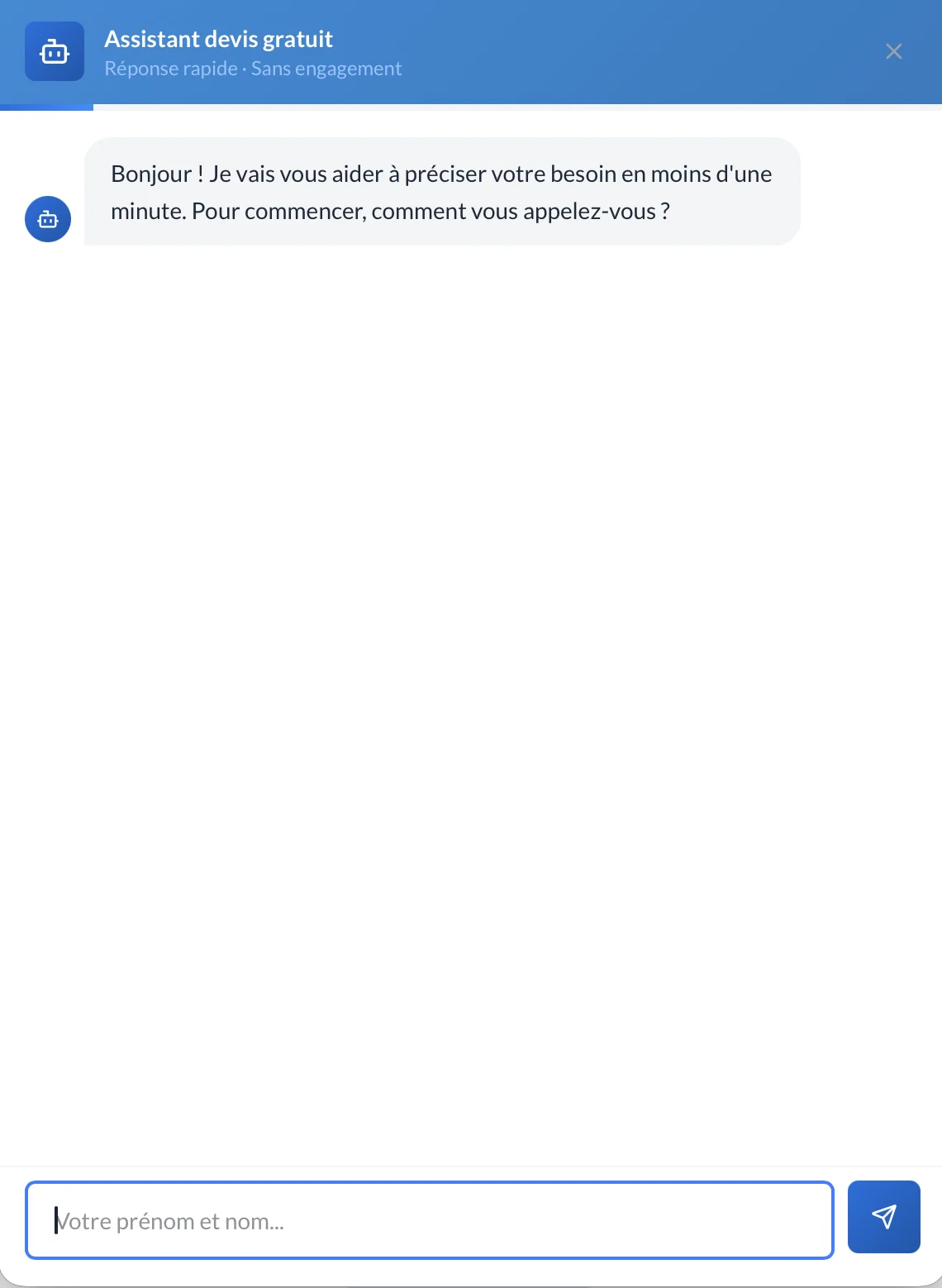 Assistant devis sur un site de couvreur : message d'accueil demandant au visiteur son prénom et son nom.