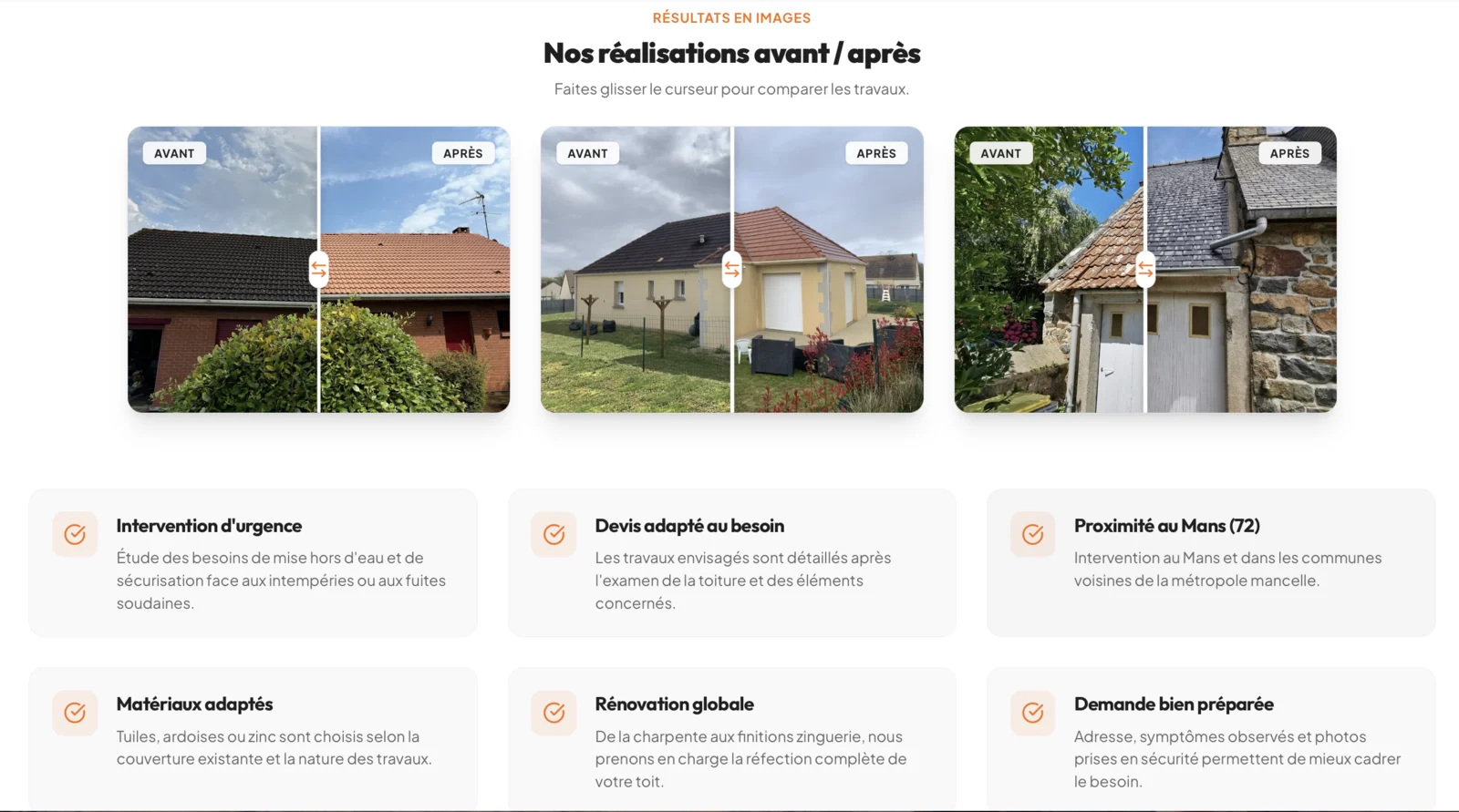Section réalisations du site de Chris Couverture : trois comparateurs avant / après à curseur sur des chantiers de toiture.