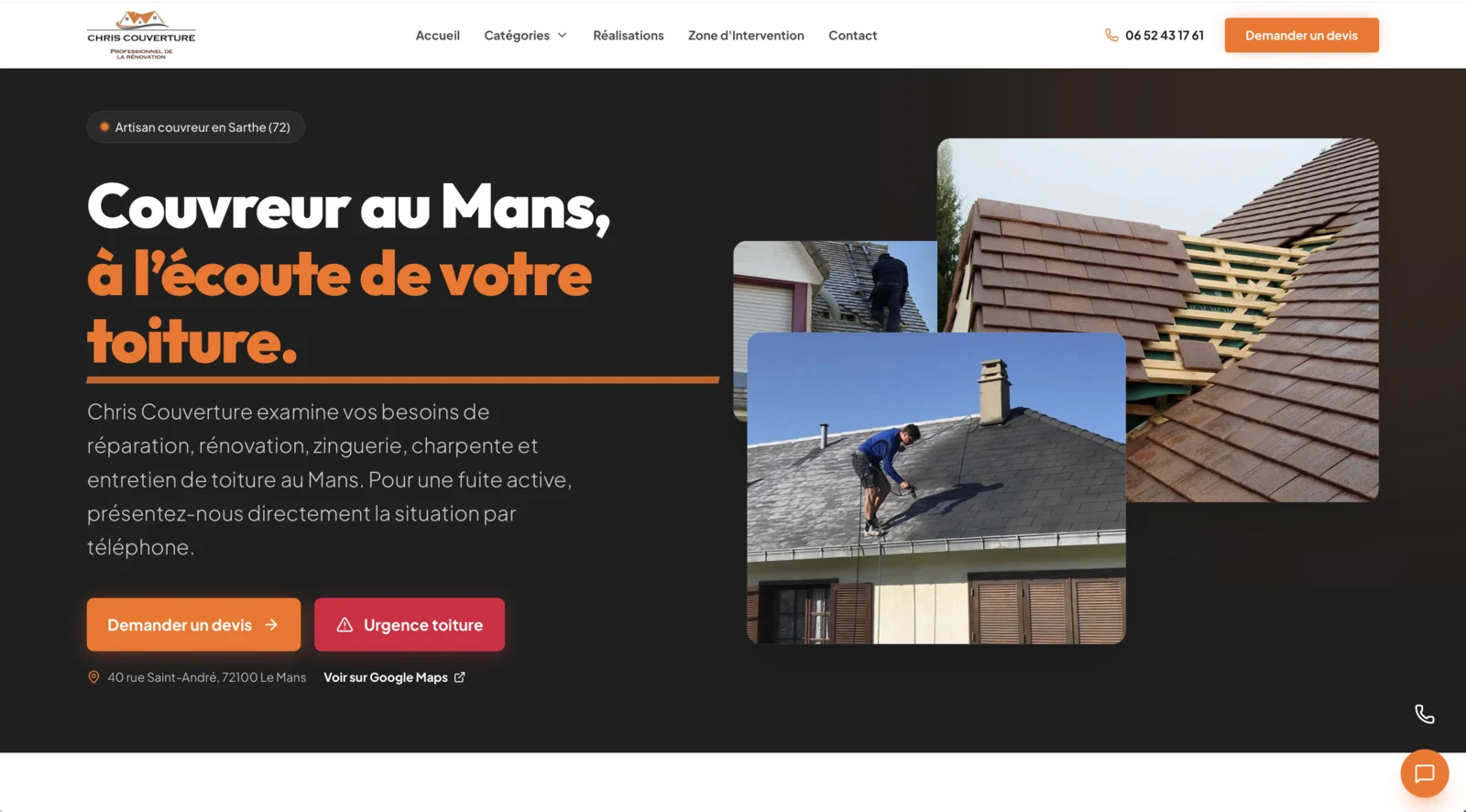 Page d'accueil du site de Chris Couverture, couvreur au Mans.