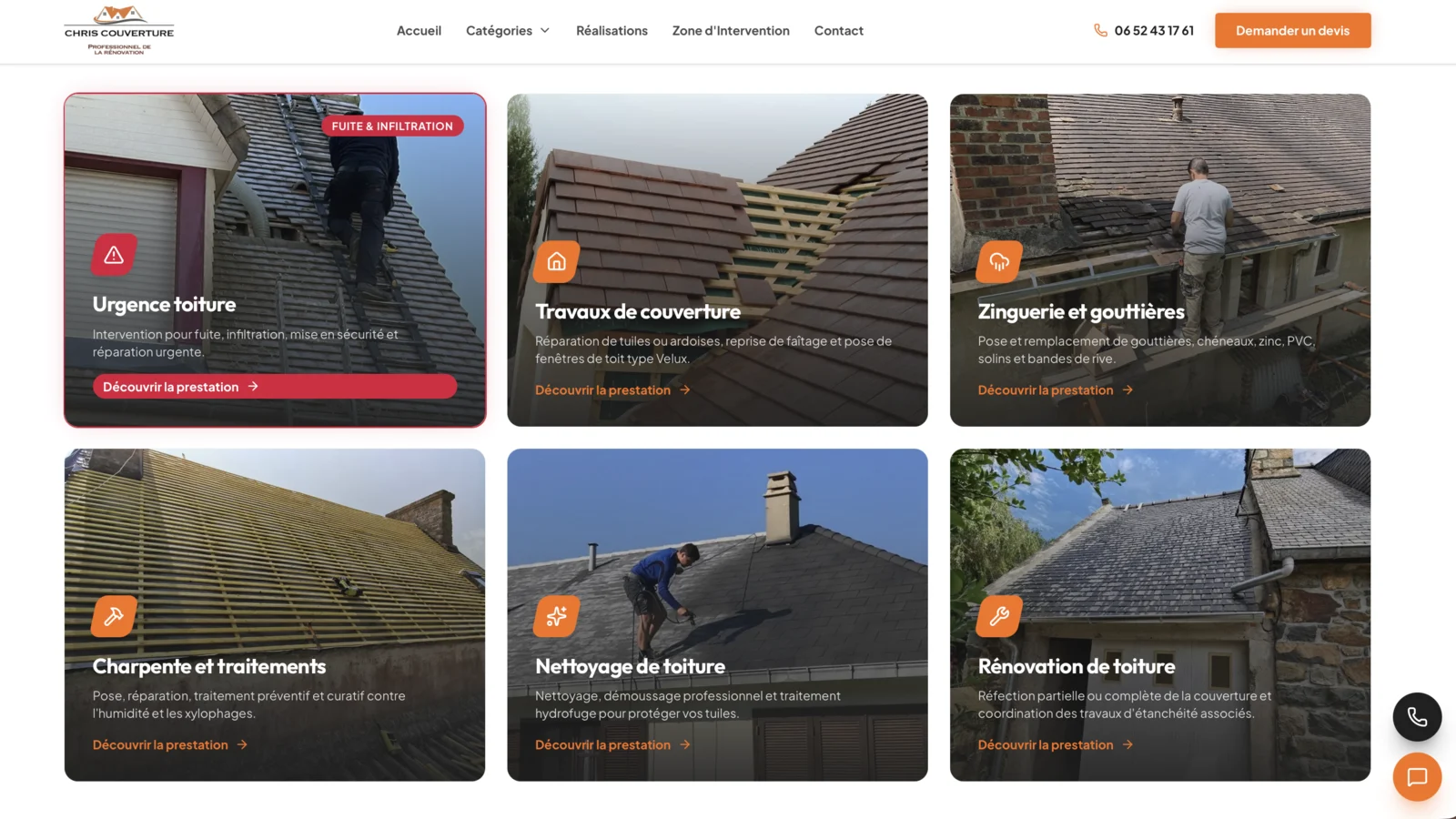 Page prestations du site de Chris Couverture : urgence, toiture, zinguerie, charpente, nettoyage et rénovation.