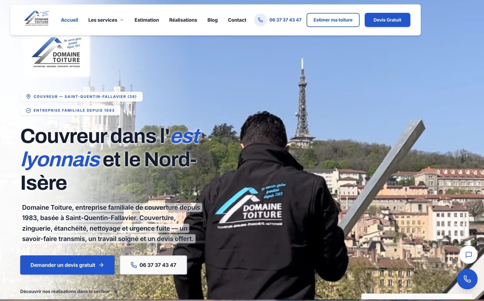 Page d'accueil du site de Domaine Toiture, couvreur dans l'Est lyonnais et le Nord-Isère.