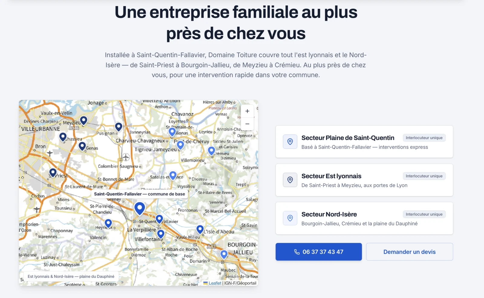 Carte des zones d'intervention sur le site de Domaine Toiture, avec ses secteurs de l'Est lyonnais et du Nord-Isère.