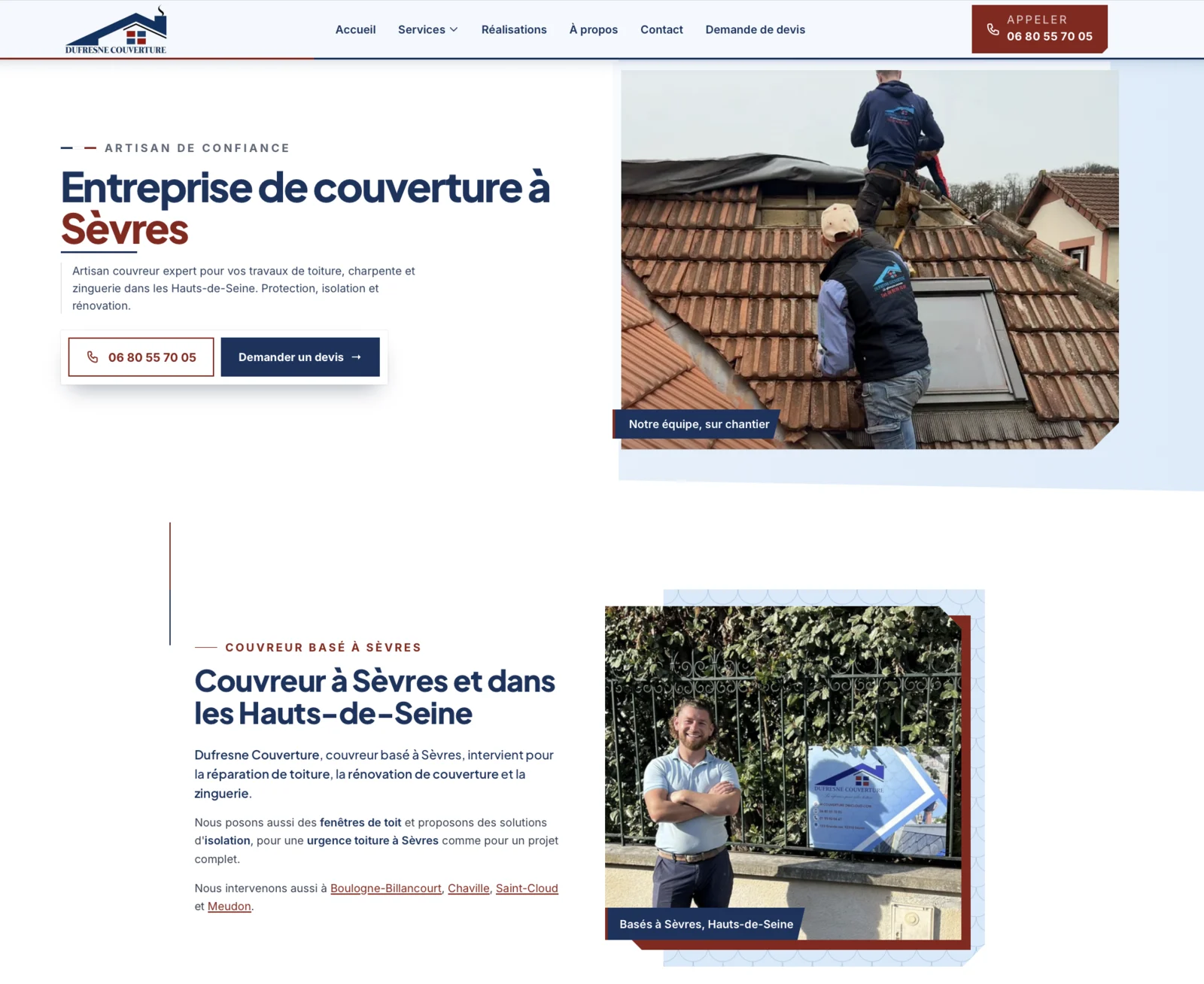 Page d'accueil du site de Dufresne Couverture, entreprise de couverture à Sèvres, avec photo de l'équipe sur un chantier de tuiles.