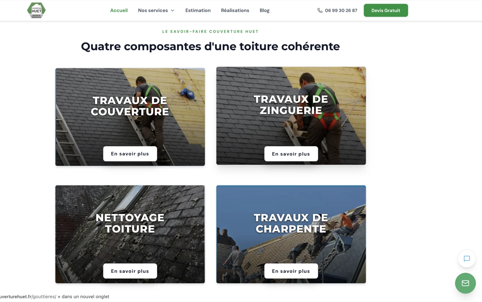 Page du site de Couverture Huet présentant quatre prestations : travaux de couverture, zinguerie, nettoyage de toiture et charpente.