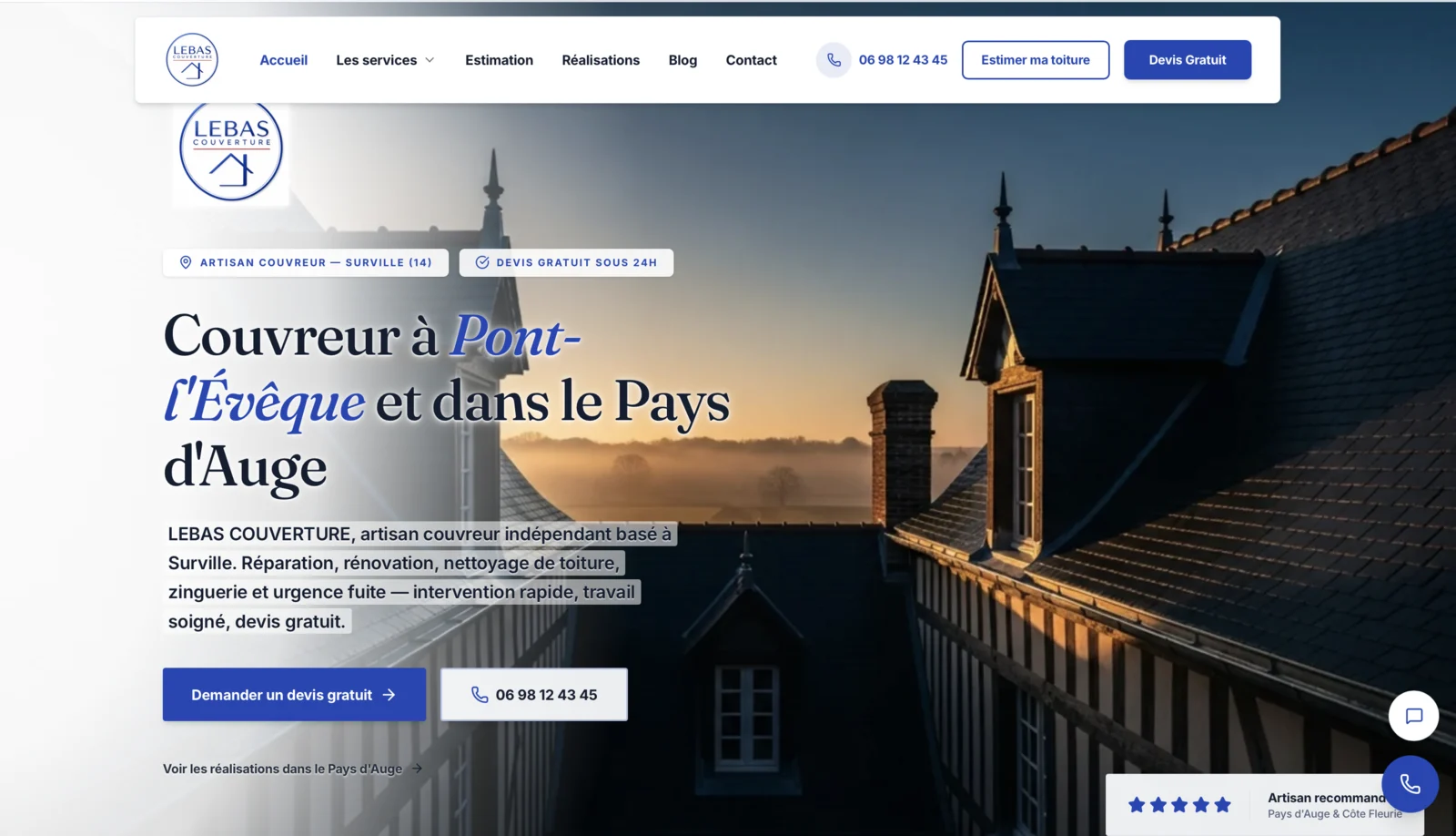 Page d'accueil du site de Lebas Couverture, couvreur à Pont-l'Évêque, dans le Pays d'Auge.