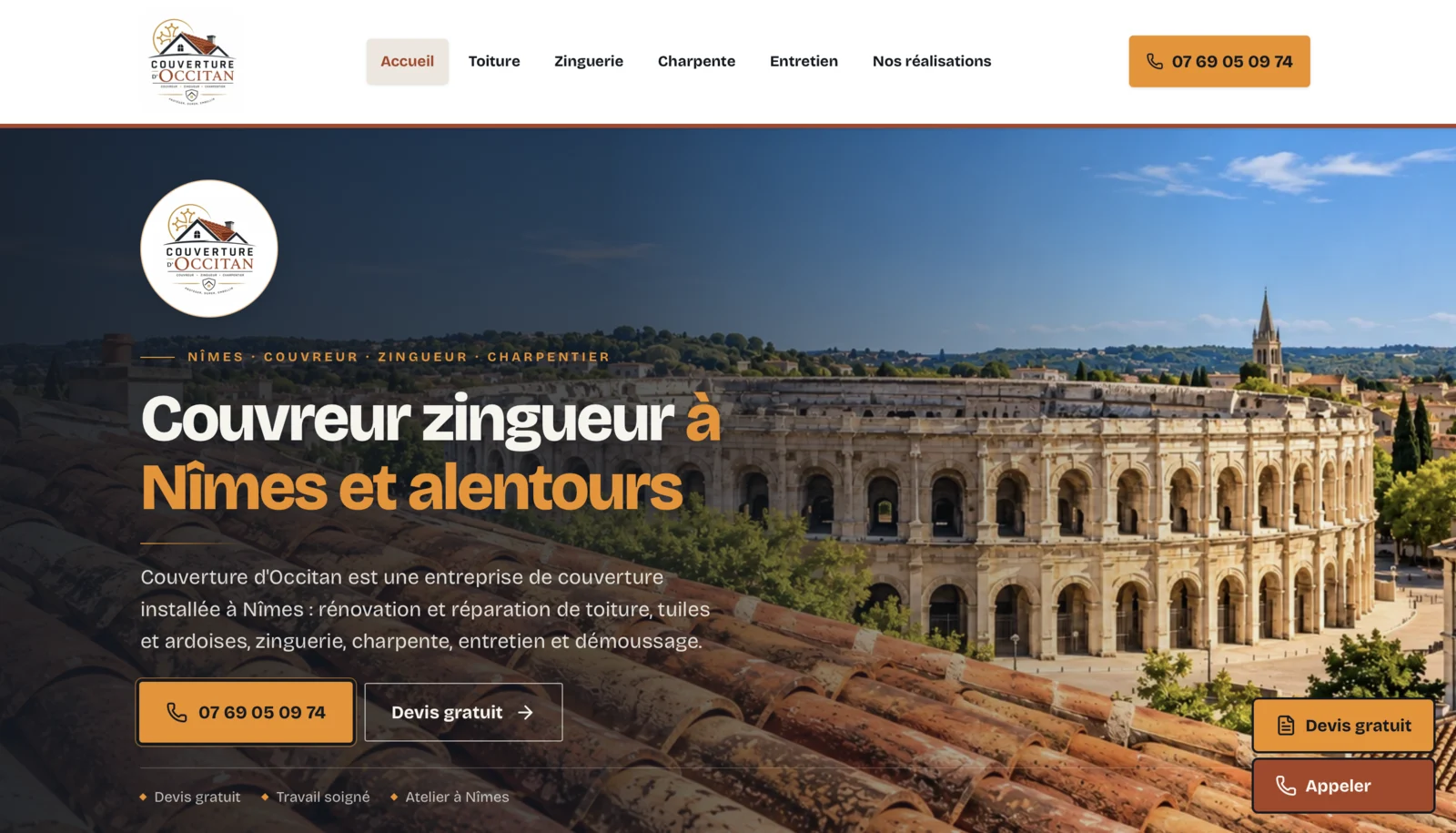 Page d'accueil du site de Couverture d'Occitan, entreprise de couverture à Nîmes, avec photo de toiture et accès direct à la demande de devis.