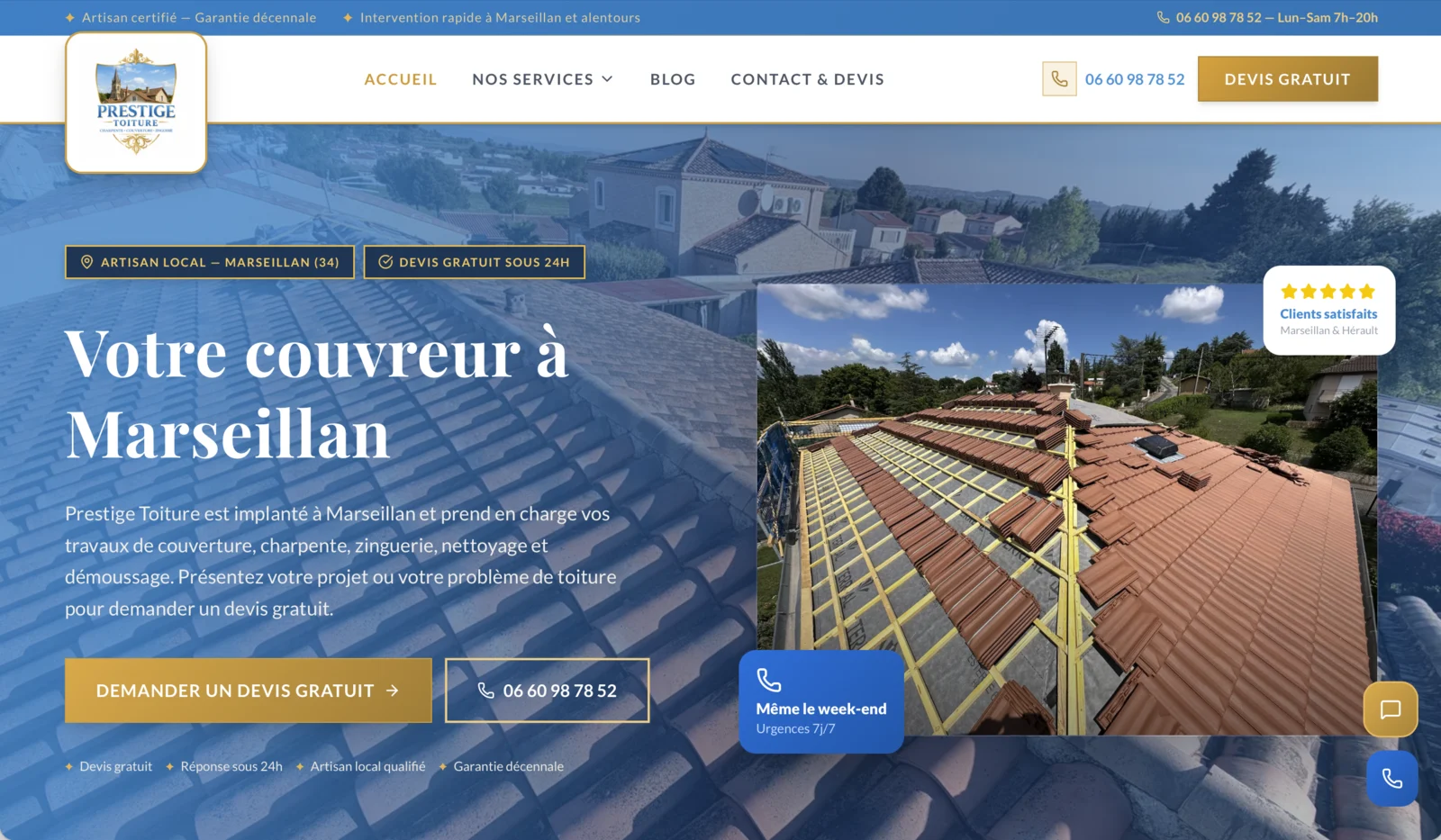 Page d'accueil du site de Prestige Toiture, couvreur à Marseillan, présentant ses prestations de couverture et un bouton d'appel.