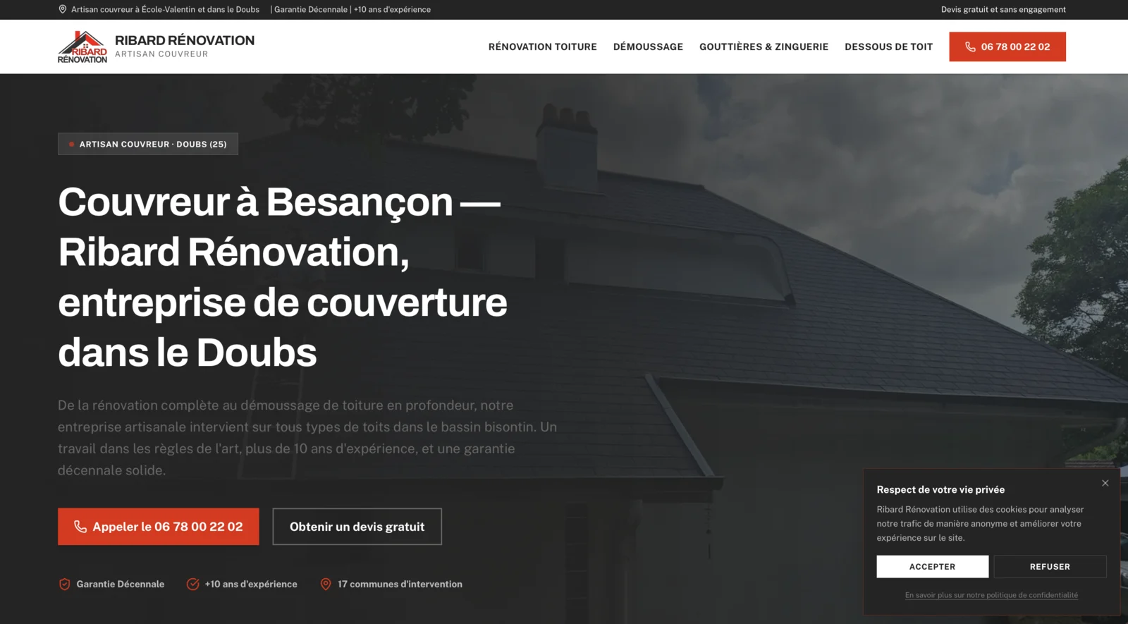 Page d'accueil du site de Ribard Rénovation, entreprise de couverture et rénovation à Besançon, dans le Doubs.