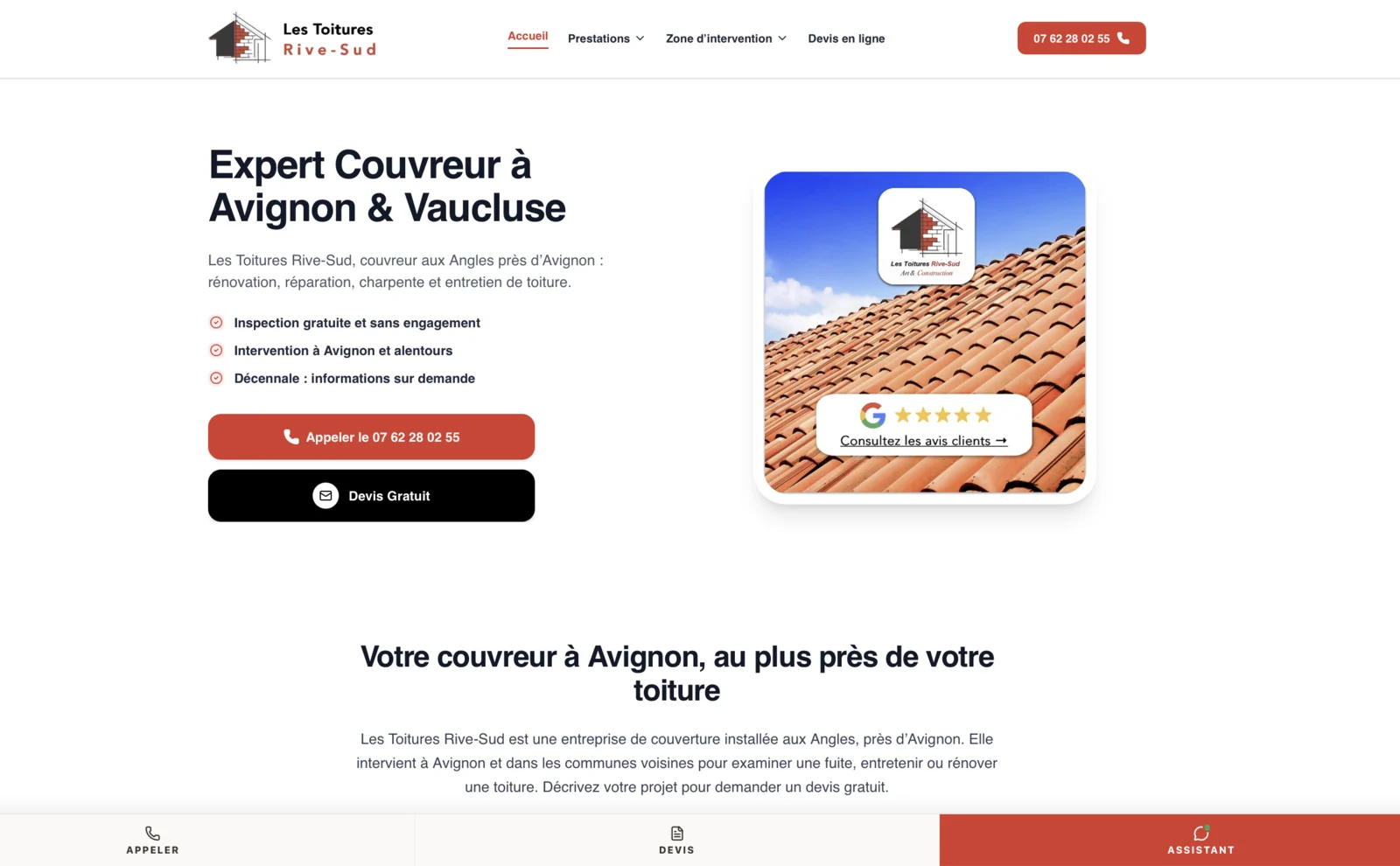 Page d'accueil du site des Toitures Rive-Sud, couvreur à Avignon, dans le Vaucluse.